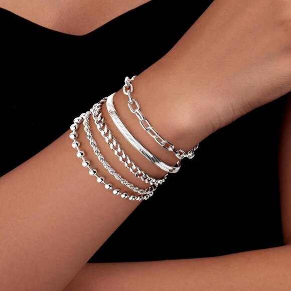 Silver-Dainty Stack Cuban Beaded Paperclip Bracelets Jewelry Gifts for Women - Picture 4 of 7